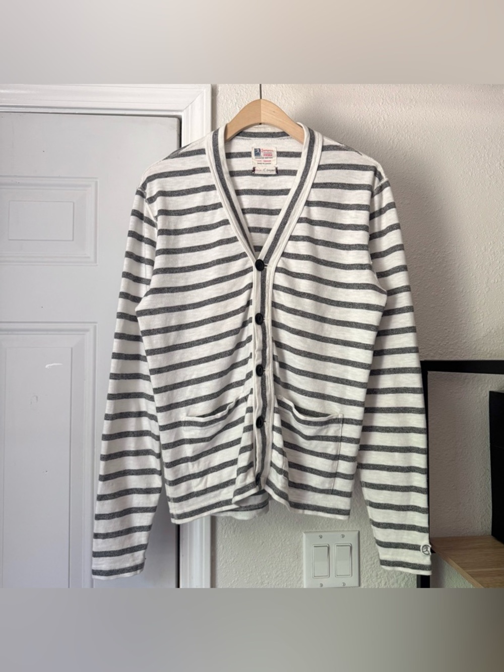 CHAMPION x TODD SNYDER white grey striped cotton knit button up cardigan sweater